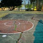 a basketball court in a park with trees in the background